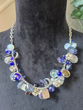 Silver Tone Blue Clear Crystal Cluster Statement Necklace